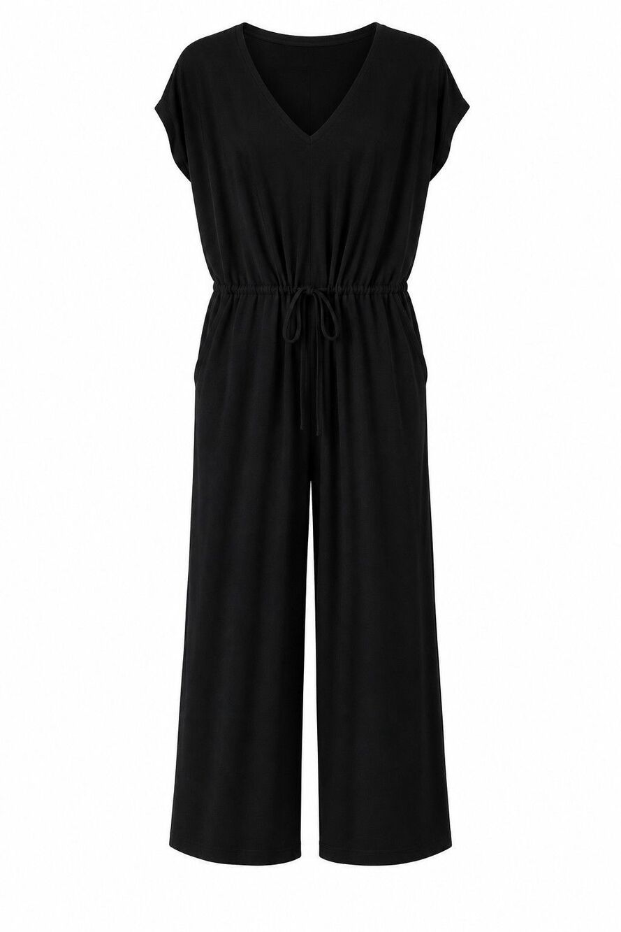 New Eileen Fisher Tencel Jersey Drawstring Wide Leg Jumpsuit Black Medium - Picture 4 of 8